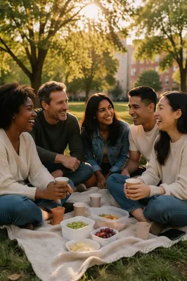 Five Friends Laughing at Park Picnic