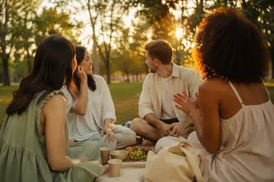 Joyful Friends Picnic at Golden Hour