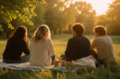 Friends Laughing Together in Golden Hour Meadow