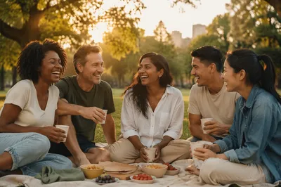 Five Friends Laughing at Park Picnic