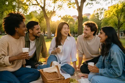 Five Friends Laughing at Park Picnic