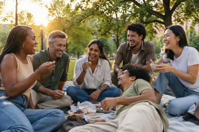 Six Friends Laughing at Park Picnic