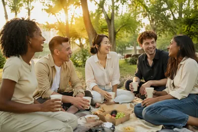Five Friends Laughing in Urban Park