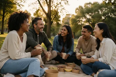 Five Friends Laughing at Park Picnic