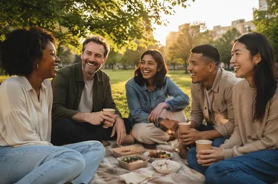 Five Friends Laughing at Park Picnic