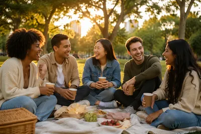 Five Friends Laughing at Park Picnic