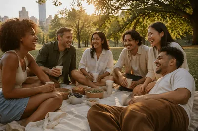 Six Friends Laughing at Park Picnic