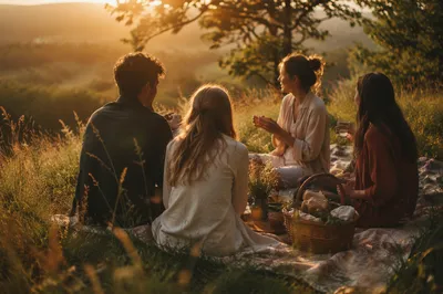 Friends Laughing on Golden Hillside