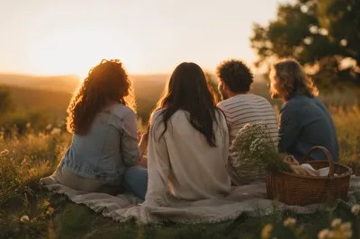 Friends Laughing on Golden Hillside