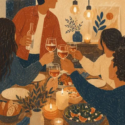 Joyful Friends Toasting at Dinner Table