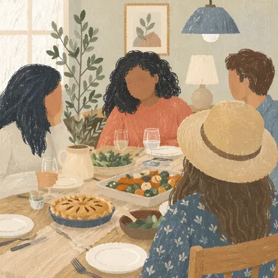 Friends Laughing Around Cozy Dinner Table