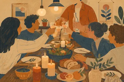 Friends Toasting at Cozy Dinner Celebration