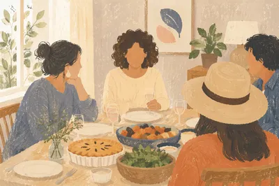 Friends Laughing Around Cozy Dinner Table