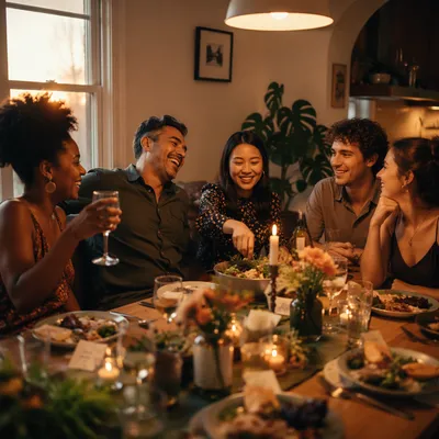 Friends Laughing Around Cozy Celebration Dinner