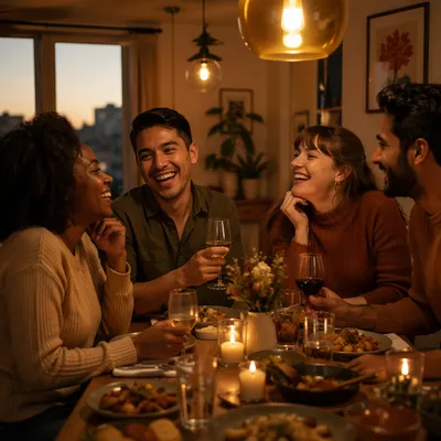 Friends Laughing Around Cozy Dinner Celebration