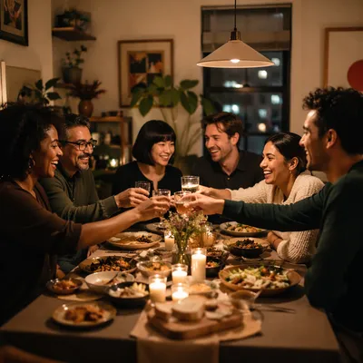 Friends Laughing Around Cozy Dinner Celebration