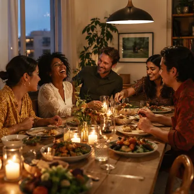 Friends Laughing Around Dinner Table