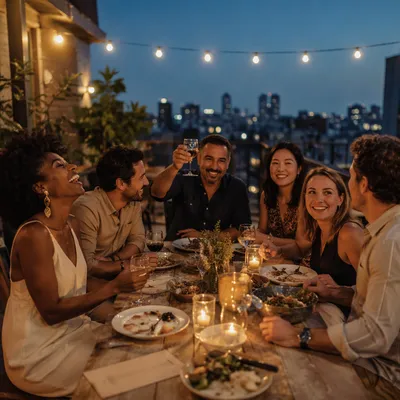 Friends Laughing at Rooftop Dinner Celebration