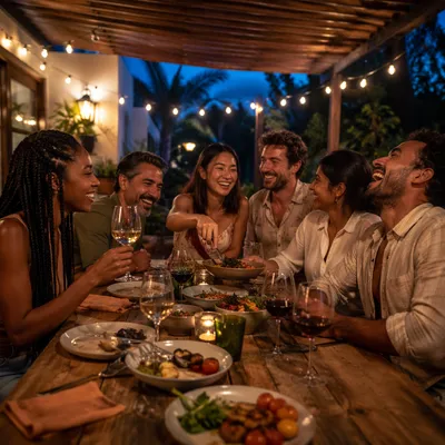 Friends Laughing at Backyard Dinner Table