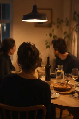 Friends Laughing at Cozy Dinner Celebration
