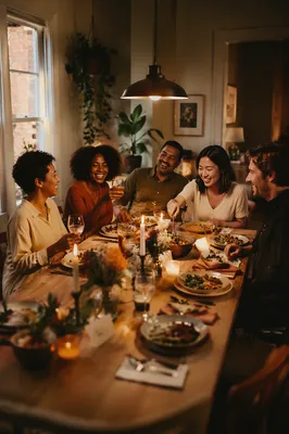 Friends Laughing Around Cozy Dinner Table