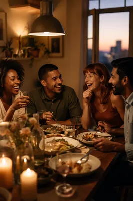 Friends Laughing Around Cozy Dinner Table