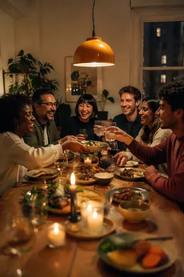 Friends Laughing Around Cozy Dinner Table