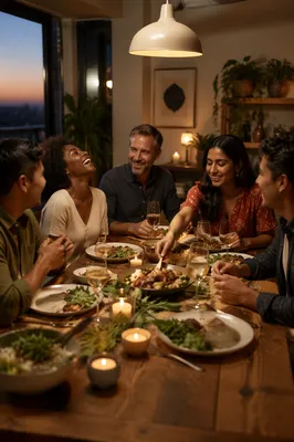 Friends Laughing Around Dinner Table