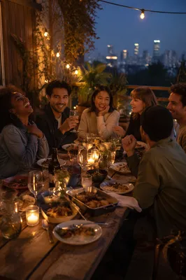 Friends Laughing at Rooftop Dinner Celebration