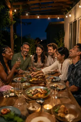 Friends Laughing at Outdoor Dinner Table