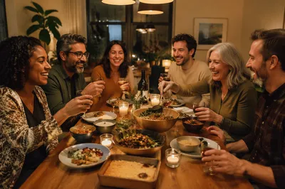 Friends Laughing at Cozy Dinner Table