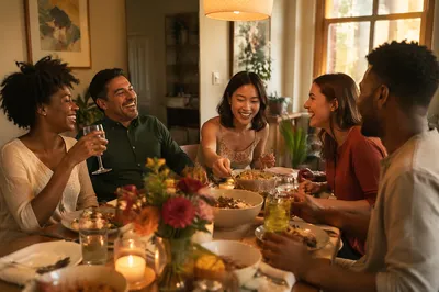 Friends Laughing Around Cozy Dinner Table