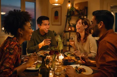 Friends Laughing Around Cozy Dinner Table