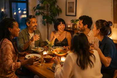 Friends Laughing Around Cozy Dinner Table