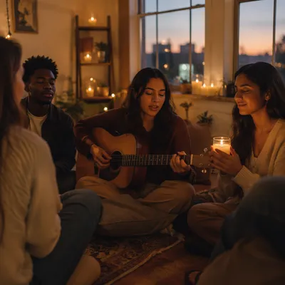 Friends Singing in Candlelit Loft Living Room
