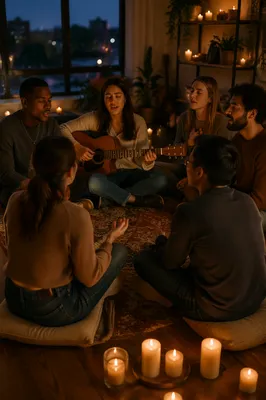 Young Friends Singing in Candlelit Loft
