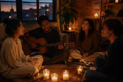 Friends with Guitar and Candles Indoors