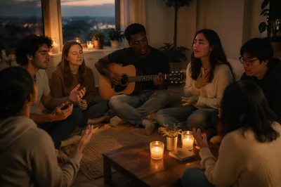 Young Friends Singing with Guitar by Candlelight