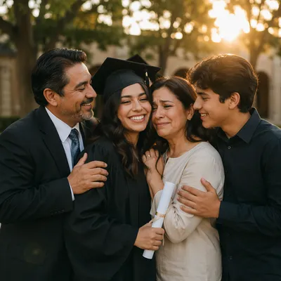 Family Embracing Graduate in Courtyard