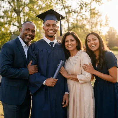 Graduate Celebrating with Proud Family Outdoors