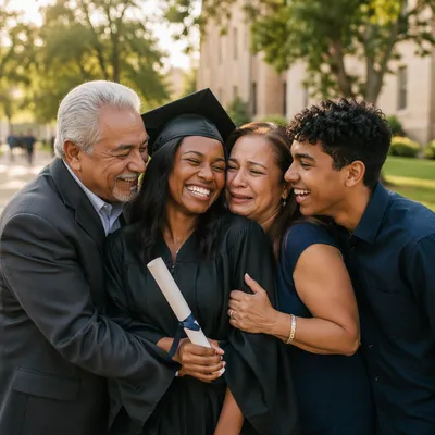 Family Embracing Graduate on Campus Walkway