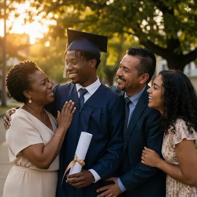 Family Celebrating Graduate on Leafy Walkway