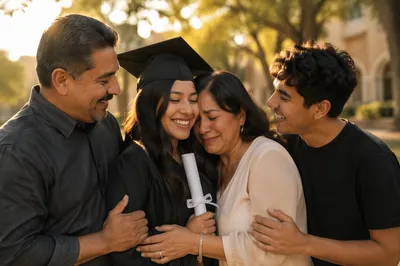 Family Embracing Graduate in Courtyard at Sunset