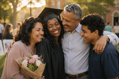 Family Hugging Graduate on Campus Lawn