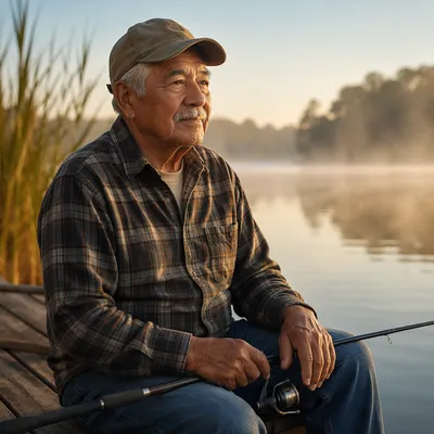 Elderly Man Fishing by Misty Lake