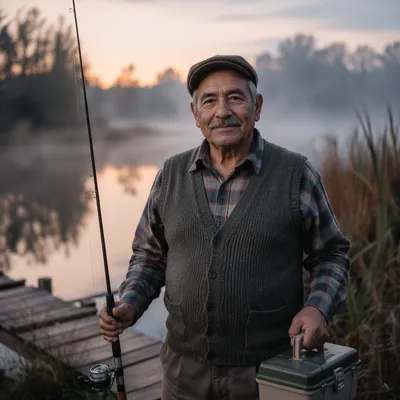 Elderly Fisherman by Misty Lake at Dawn