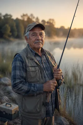 Elderly Fisherman at Misty Lakeside Dawn
