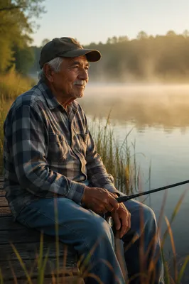 Grandfather Fishing on Misty Lakeside Dock