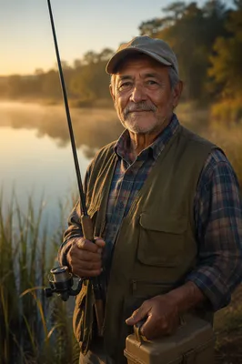 Elderly Fisherman Portrait by Misty Lake