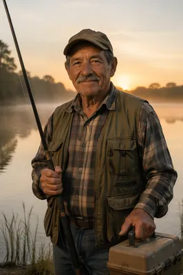 Elderly Fisherman Portrait by Misty Lake